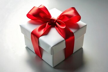 Fototapeta premium White gift box with a vibrant red satin ribbon and bow on a reflective surface present white box