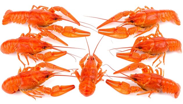 Eight cooked red crustaceans arranged symmetrically on white background