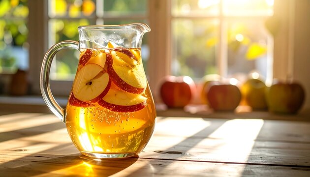 Refreshing apple cider in a glass pitcher