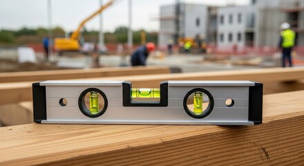 Precision Spirit Level on Wooden Beam at Active Construction Site, Ensuring Building Accuracy.