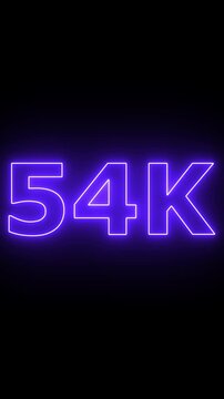 Glowing neon 54K light text animation. Shining neon number motion graphic for 54K followers and subscribers celebration.Social media milestone achievement neon effect video on black background. 4k
