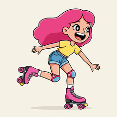 A joyful person with long pink hair roller skating in yellow and blue gear, arms outstretched and one leg lifted—full of motion and playful energy.