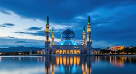 Obraz premium Beautiful Mosque Illuminated at Night Reflecting in Water