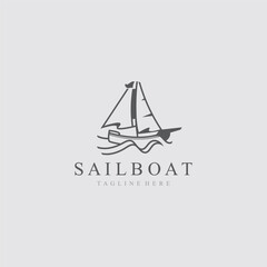 Sail boat logo water lines hipster design minimalist template illustration