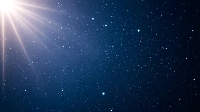 Heavenly light and stars. A spiritual seamless loop background. A glowing light ray shines across a beautiful night sky, symbolizing hope, faith, and miracles. Ideal for Christmas or religious content