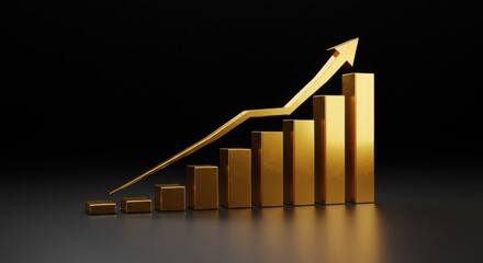 Golden upward bar graph on luxury black background, high resolution