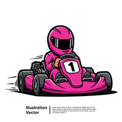 Pink Go-Kart Racing Illustration Speeding Racer with Helmet and Number 1 on White Background