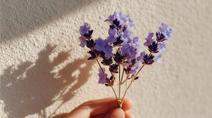 Minimal hand holding lavender sprig with soft shadow on bright cream wall, empty background space ideal for wellness, aromatherapy, spa and organic skincare product presentations.