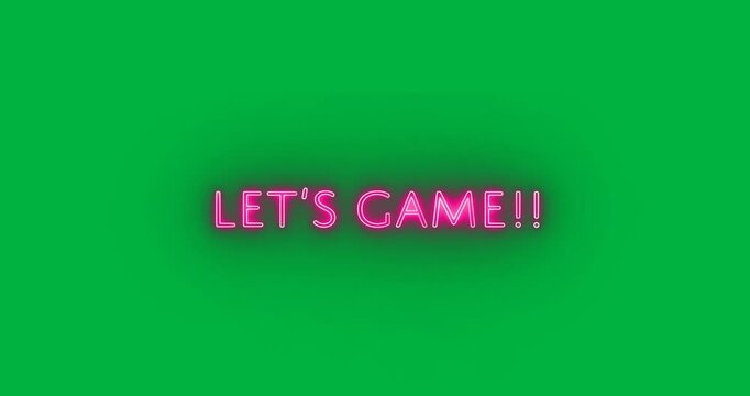 Retro neon sign glowing pink spelling LET'S GAME!! on transparent field emitting soft halo