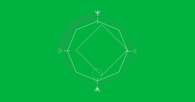 Radar HUD floating on transparent backdrop with segmented ring, ticks, pointers, decagons