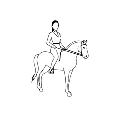 Black and white line art of a beautiful woman with perfect body riding horse elegant minimalist illustration