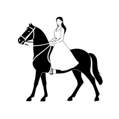 Black and white line art of a beautiful woman with perfect body riding horse elegant minimalist illustration