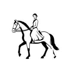 Black and white line art of a beautiful woman with perfect body riding horse elegant minimalist illustration
