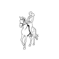 Black and white line art of a beautiful woman with perfect body riding horse elegant minimalist illustration