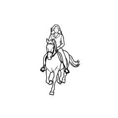 Black and white line art of a beautiful woman with perfect body riding horse elegant minimalist illustration
