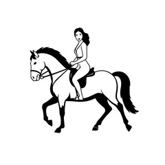 Black and white line art of a beautiful woman with perfect body riding horse elegant minimalist illustration
