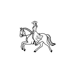 Black and white line art of a beautiful woman with perfect body riding horse elegant minimalist illustration