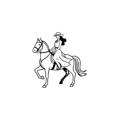 Black and white line art of a beautiful woman with perfect body riding horse elegant minimalist illustration
