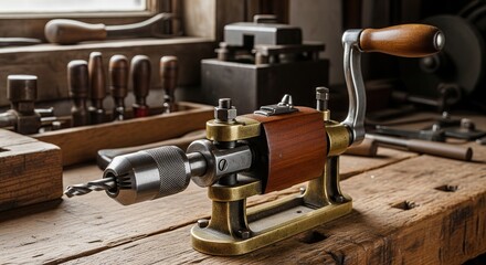 Vintage Brass  Wood Hand Drill on Rustic Workbench, Traditional Woodworking Tools in Historic Workshop.