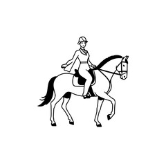 Black and white line art of a beautiful woman with perfect body riding horse elegant minimalist illustration