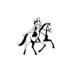 Black and white line art of a beautiful woman with perfect body riding horse elegant minimalist illustration