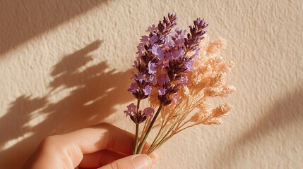 Elegant lavender sprig held in hand with soft shadow on light cream wall, minimal composition and empty space for spa, wellness, herbal beauty and product advertising concepts.
