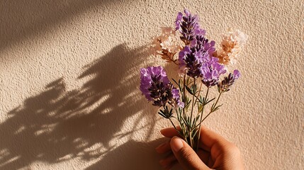 Soft shadow of hand holding lavender sprig on bright cream wall, minimal design with empty space ideal for natural wellness, spa therapy, organic skincare and modern beauty branding.