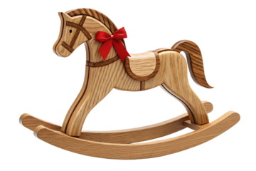 Wooden rocking horse with red bow, traditional children's toy with curved rockers, isolated on transparent background