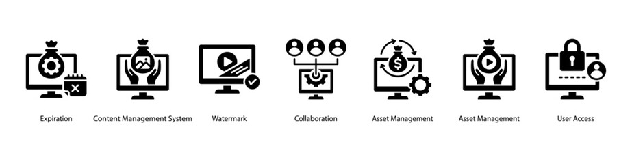 Digital Collaboration web banner vector illustration featuring Expiration, Content Management System, Watermark, Collaboration, Asset Management, Asset Management, and User Access.