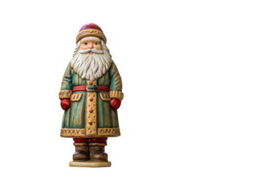 Traditional Santa Claus figurine in green coat, detailed carved wooden decoration, Christmas collectible ornament, isolated on transparent background - Powered by Adobe