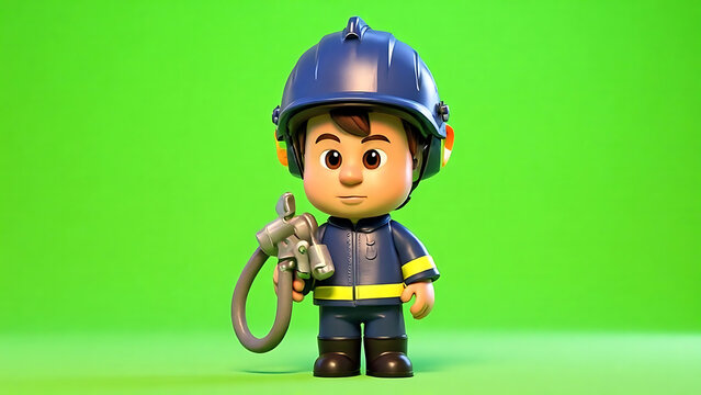 3D Cartoon Firefighter Boy Character with Hose on Green Screen Background