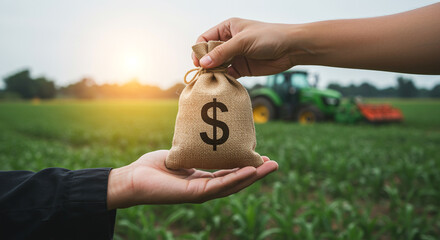 Illustration of a farmer exchanging bags of dollars in his hands. Agricultural capital and finance in the agricultural sector.