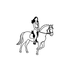 Black and white line art of a beautiful woman with perfect body riding horse elegant minimalist illustration