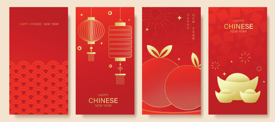 Chinese New Year 2026 hongbao red envelope design vector. Collection of Chinese festival with lantern, orange, gold nugget. Elegant oriental illustration for ang pao, cover, website, calendar, ads.