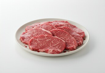 Obraz premium Fresh raw beef in ceramic plate isolated on white