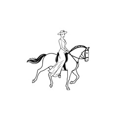 Black and white line art of a beautiful woman with perfect body riding horse elegant minimalist illustration