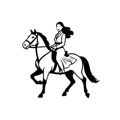 Black and white line art of a beautiful woman with perfect body riding horse elegant minimalist illustration
