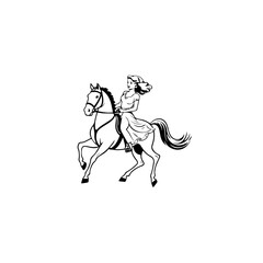 Black and white line art of a beautiful woman with perfect body riding horse elegant minimalist illustration