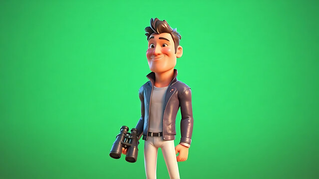 3D cartoon man with binoculars on green screen, confident and ready for exploration