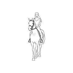 Black and white line art of a beautiful woman with perfect body riding horse elegant minimalist illustration