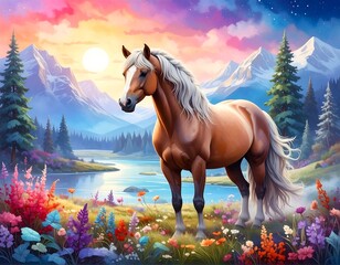 A horse stands in a vibrant mountain meadow at sunrise