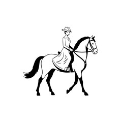 Black and white line art of a beautiful woman with perfect body riding horse elegant minimalist illustration