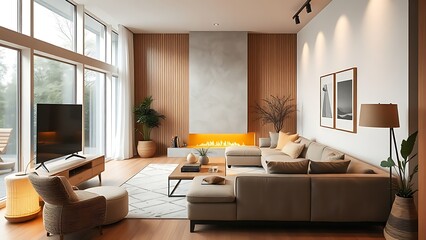 Modern living room with minimalist decor and warm lighting, creating a cozy and inviting home atmosphere.
