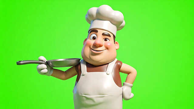 Smiling 3D Cartoon Chef Character with Frying Pan on Green Screen - Powered by Adobe