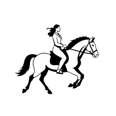 Black and white line art of a beautiful woman with perfect body riding horse elegant minimalist illustration