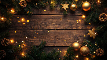 Christmas background with copy space. to view wooden table with gold baubles and festive light decoration