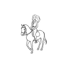Black and white line art of a beautiful woman with perfect body riding horse elegant minimalist illustration