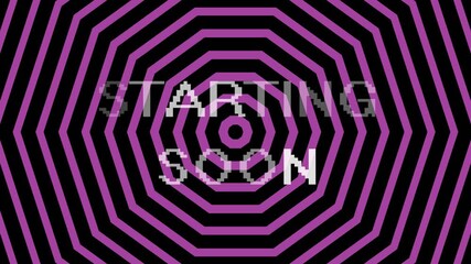 Starting Soon" text displayed in a glitchy style, overlaid on a hypnotic purple and black concentric hexagon pattern background for a futuristic streaming screen. - Powered by Adobe