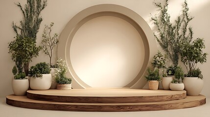 Elegant product display podium with a circular backdrop and lush greenery, perfect for showcasing natural beauty products