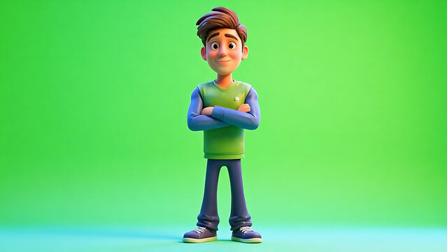 Smiling 3D animated young man character with crossed arms, full body on green screen background, ready for compositing